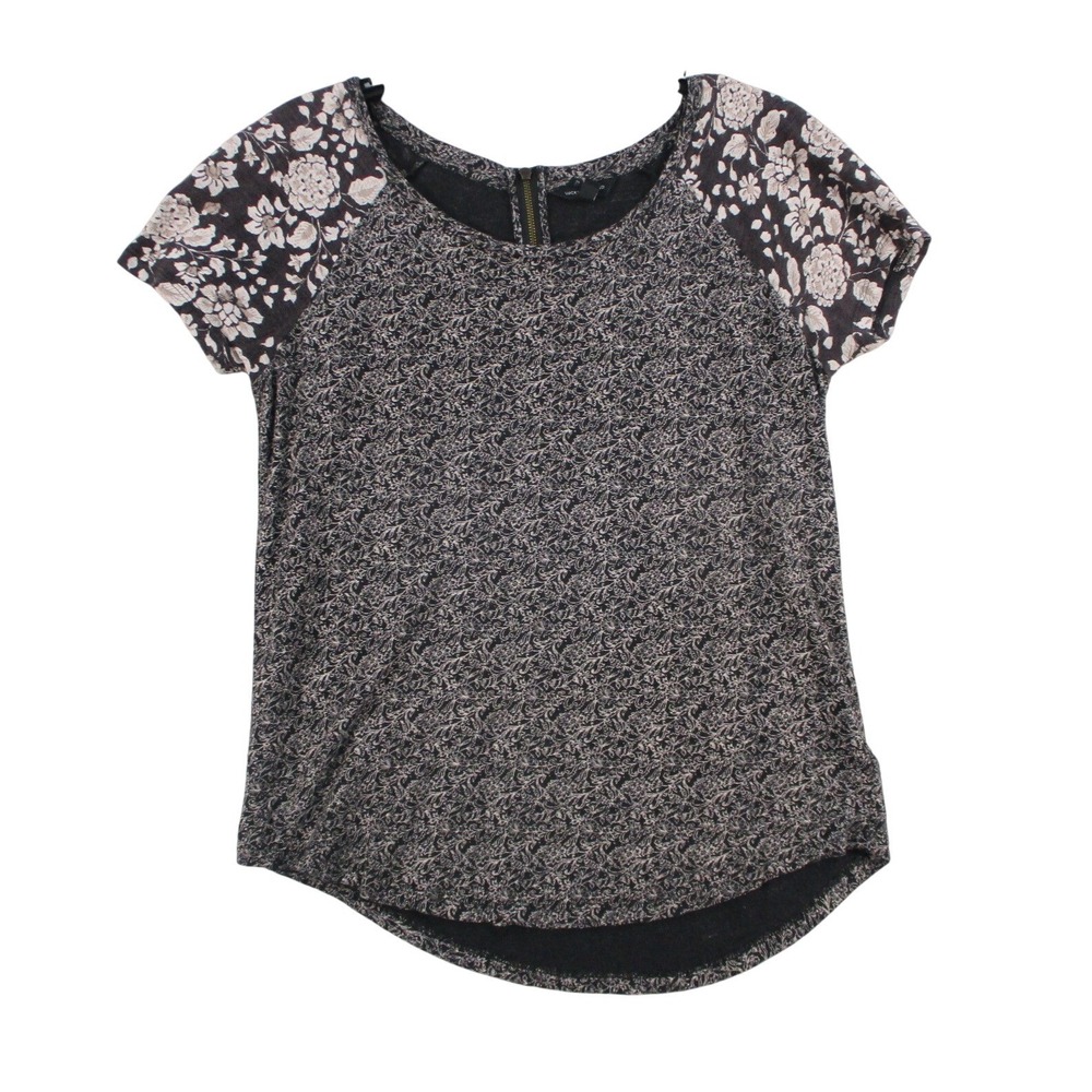 Lucky Brand Womens Floral Paisley Raglan Top Grey Short Sleeve Back Zip Small